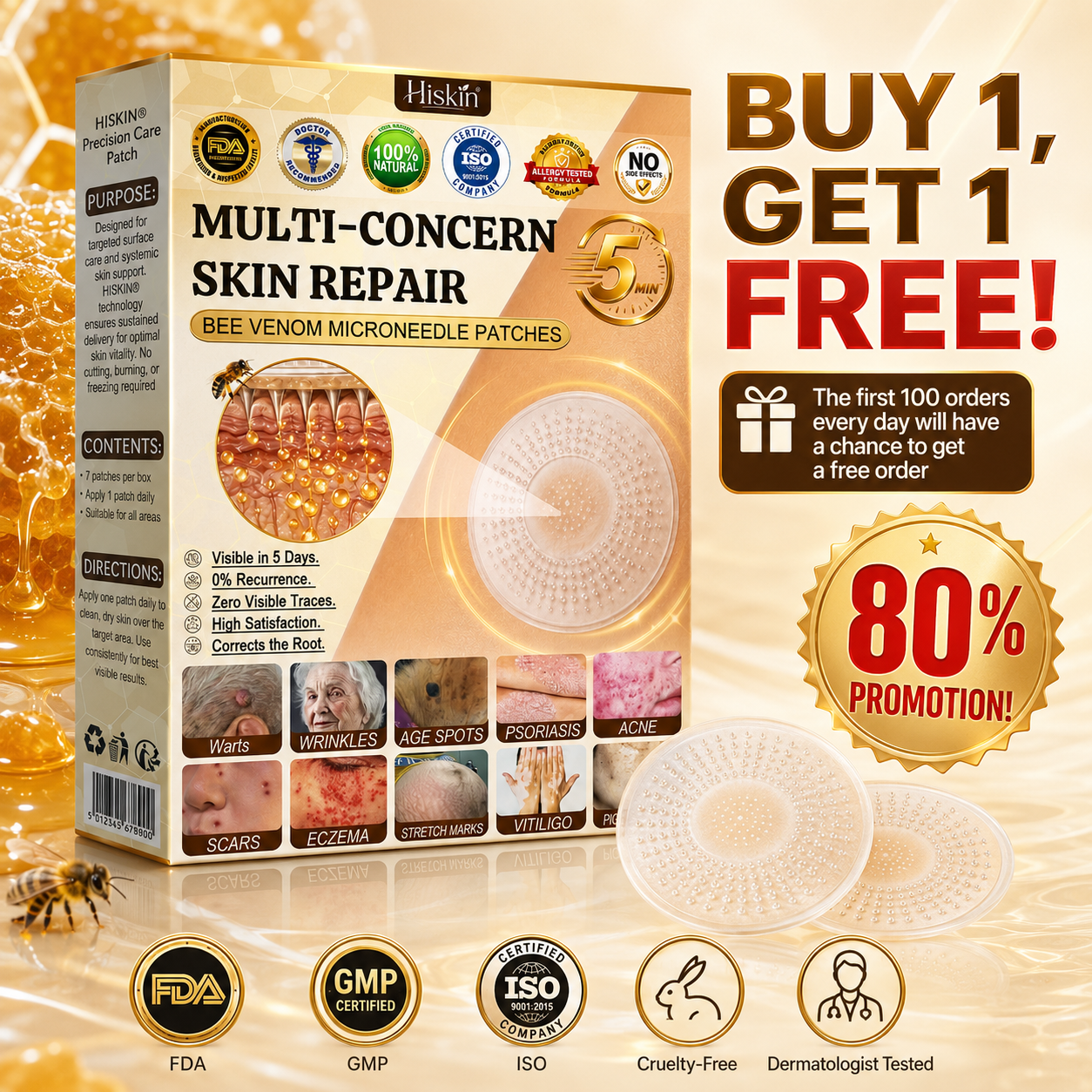 ✨Hiskin ®MULTI-CONCERN SKIN REPAIR BEE VENOM MICRONEEDLE PATCHES